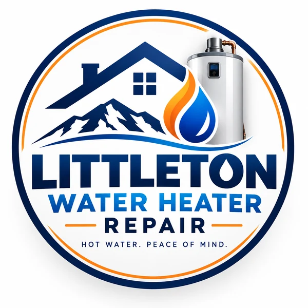 Littleton Water Heater Repair logo with house, mountains, flame, and water drop